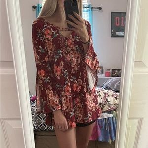 Red and Floral Long Sleeve Shirt with Crisscross on Chest Small
